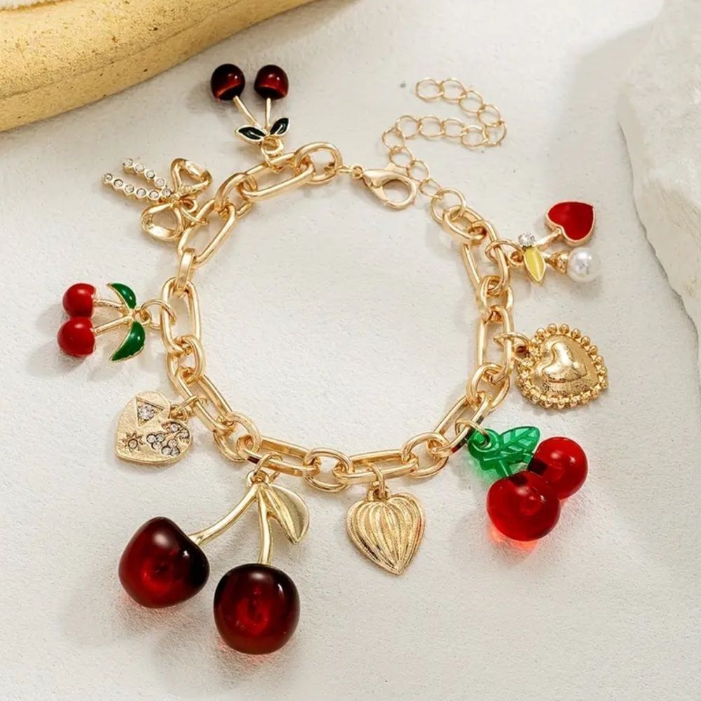 Gold Cherry Alloy  Charm Bracelet and earrings - Picture 8 of 13
